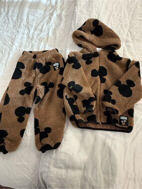 Zara Mickey Mouse Brown & Black Fleece Hoodie and Pants Set